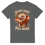 Graphite Heather t-shirt printed with Cocofanto Elefanto and the words Do not shake, milk inside, front view