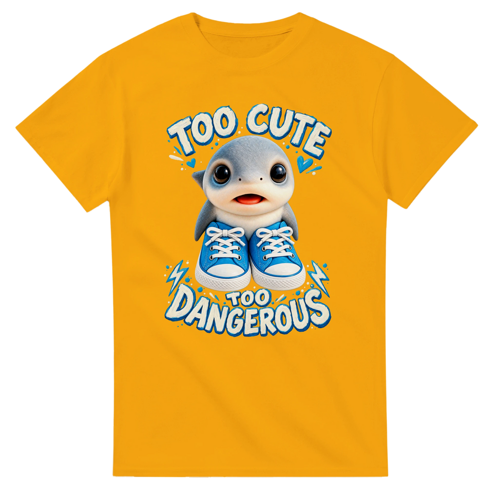 Gold t-shirt printed with Los Tralaleritos and the words Too cute, too dangerous, front view