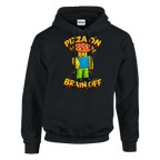 Noobini Pizzanini print on a black pullover hoodie, front view