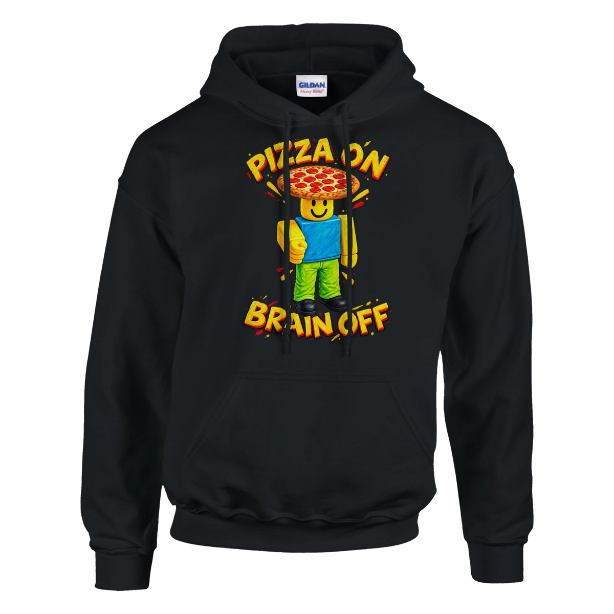 Noobini Pizzanini print on a black pullover hoodie, front view