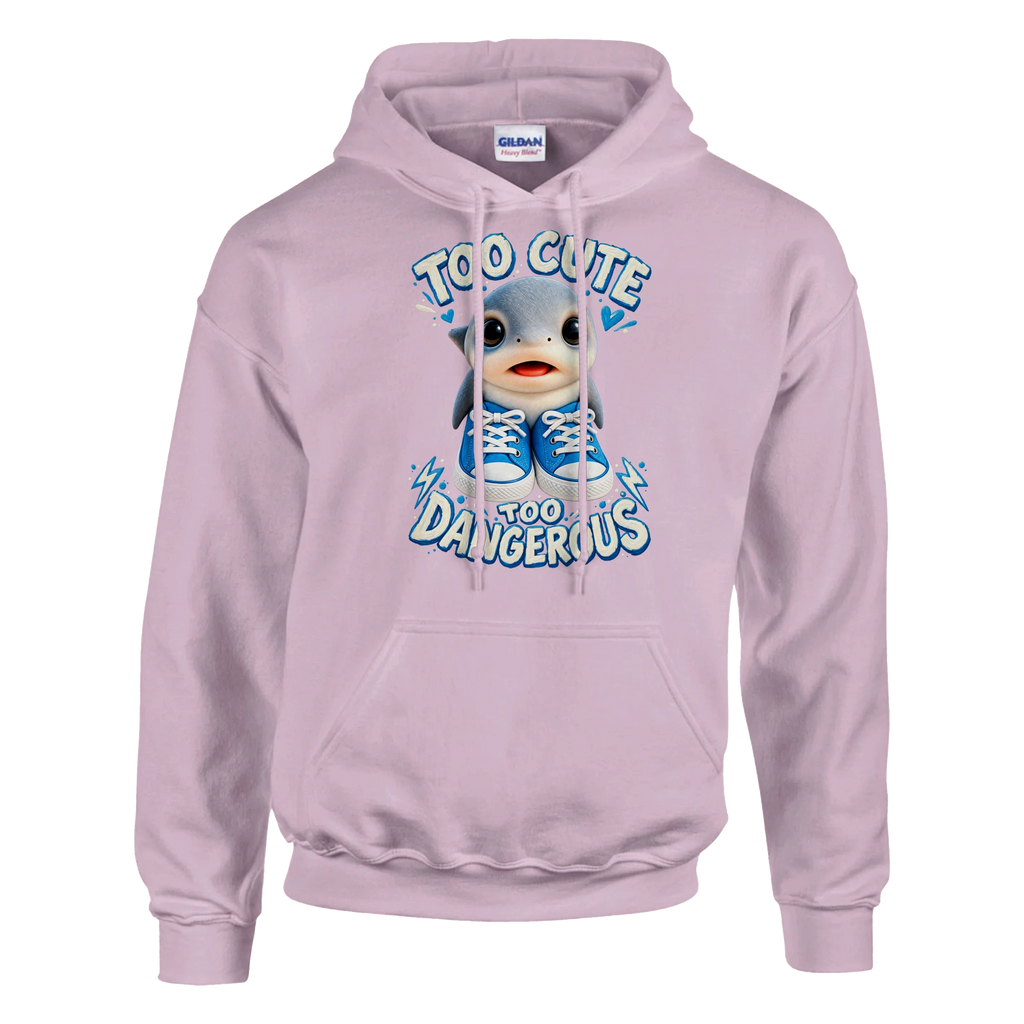 Los Tralaleritos print on a light pink pullover hoodie, front view