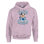 Los Tralaleritos print on a light pink pullover hoodie, front view
