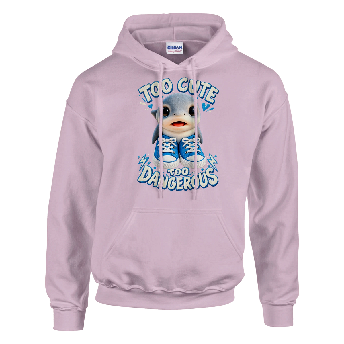 Los Tralaleritos print on a light pink pullover hoodie, front view