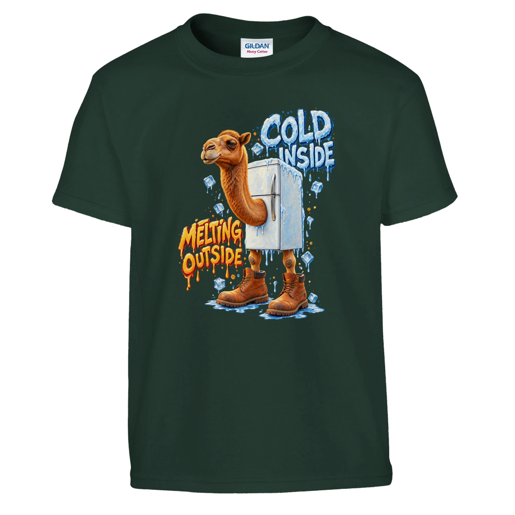 Frigo Camelo print on a forest green kids t-shirt, front view
