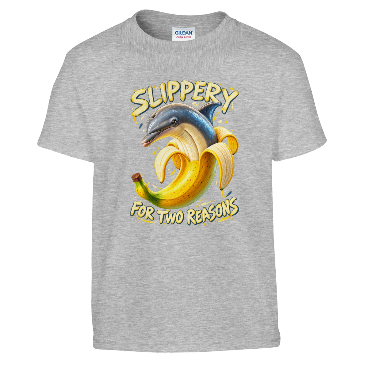 Bananita Dolphinita print on a sport grey kids t-shirt, front view