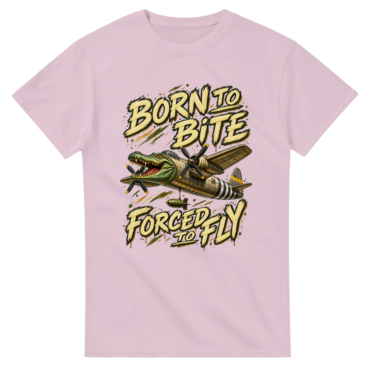 Light Pink t-shirt printed with Bombardino Crocodilo and the words Born to bite, forced to fly, front view