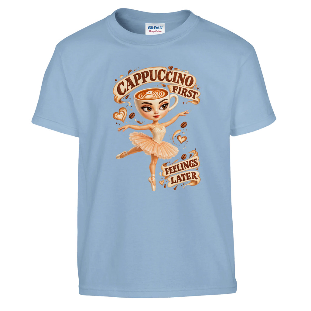 Ballerina Cappuccina print on a light blue kids t-shirt, front view