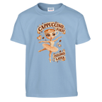 Ballerina Cappuccina print on a light blue kids t-shirt, front view