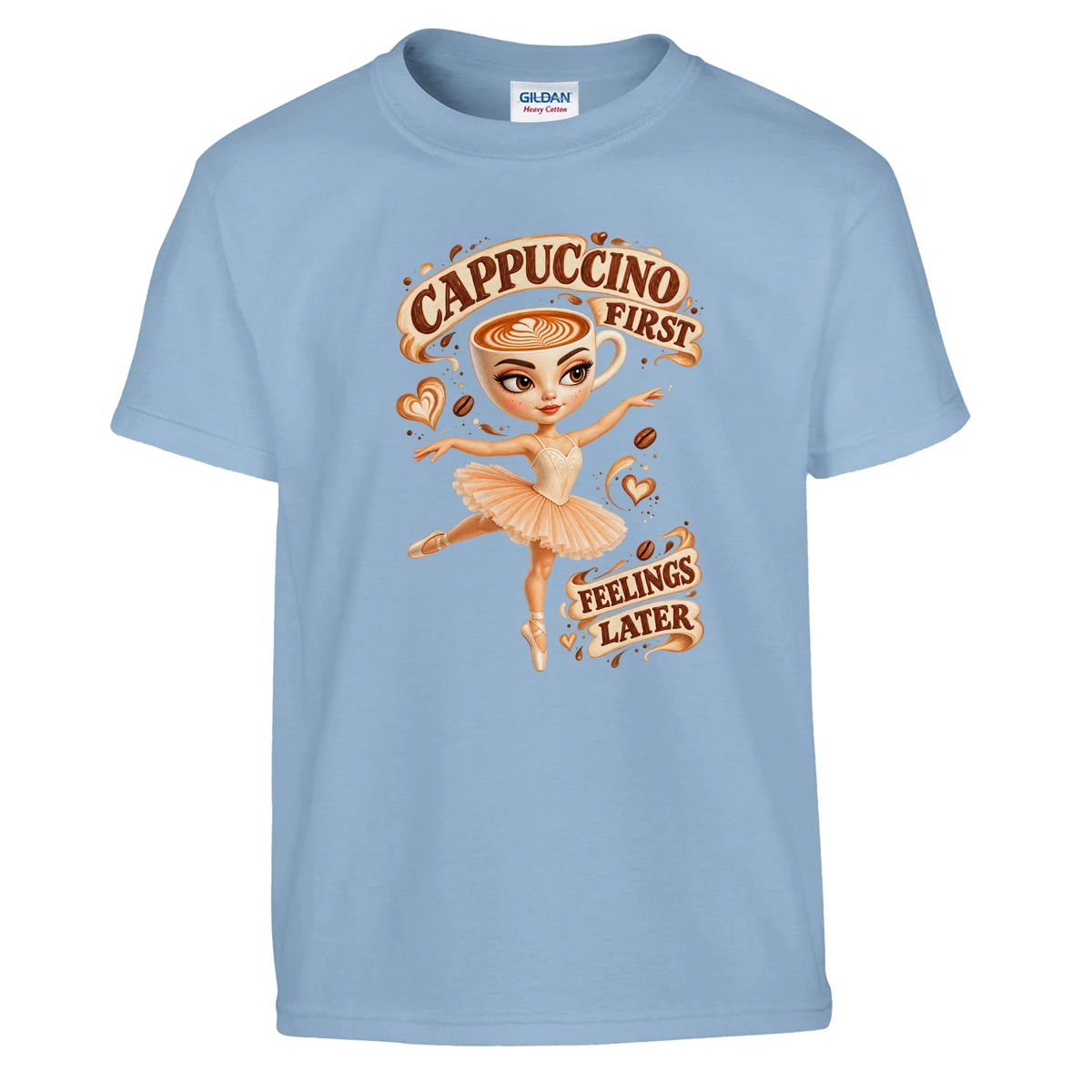 Ballerina Cappuccina print on a light blue kids t-shirt, front view