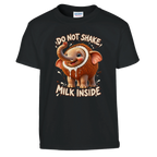 Cocofanto Elefanto print on a black kids t-shirt, front view