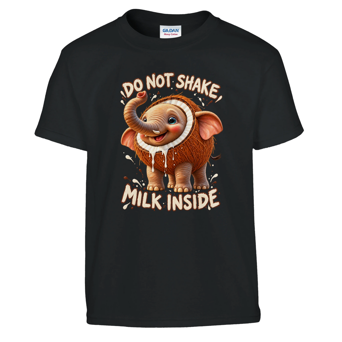 Cocofanto Elefanto print on a black kids t-shirt, front view