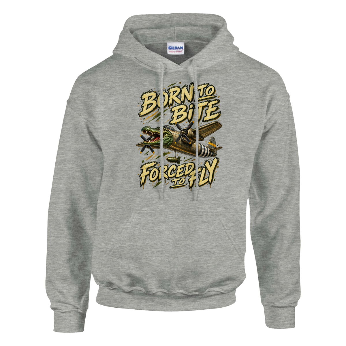 Bombardino Crocodilo print on an ash grey pullover hoodie, front view