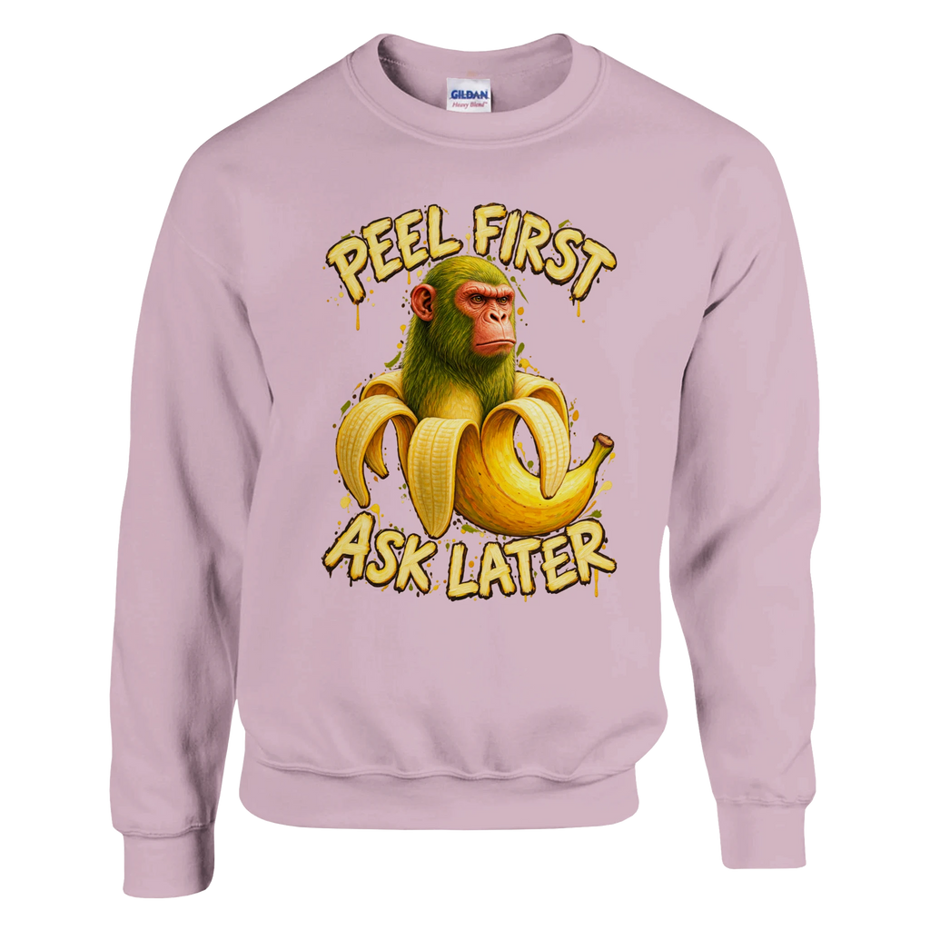 Chimpanzini Bananini print on a light pink crewneck sweatshirt, front view