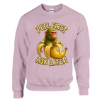 Chimpanzini Bananini print on a light pink crewneck sweatshirt, front view