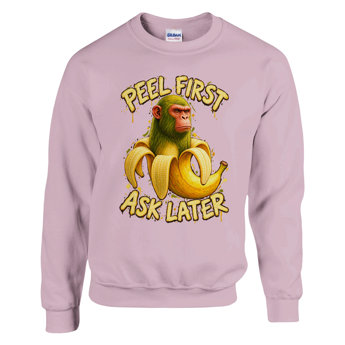 Chimpanzini Bananini print on a light pink crewneck sweatshirt, front view
