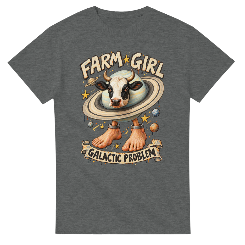Graphite Heather t-shirt printed with La Vaca Saturno Saturnita and the words Farm girl, galactic problem, front view