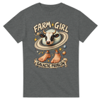 Graphite Heather t-shirt printed with La Vaca Saturno Saturnita and the words Farm girl, galactic problem, front view