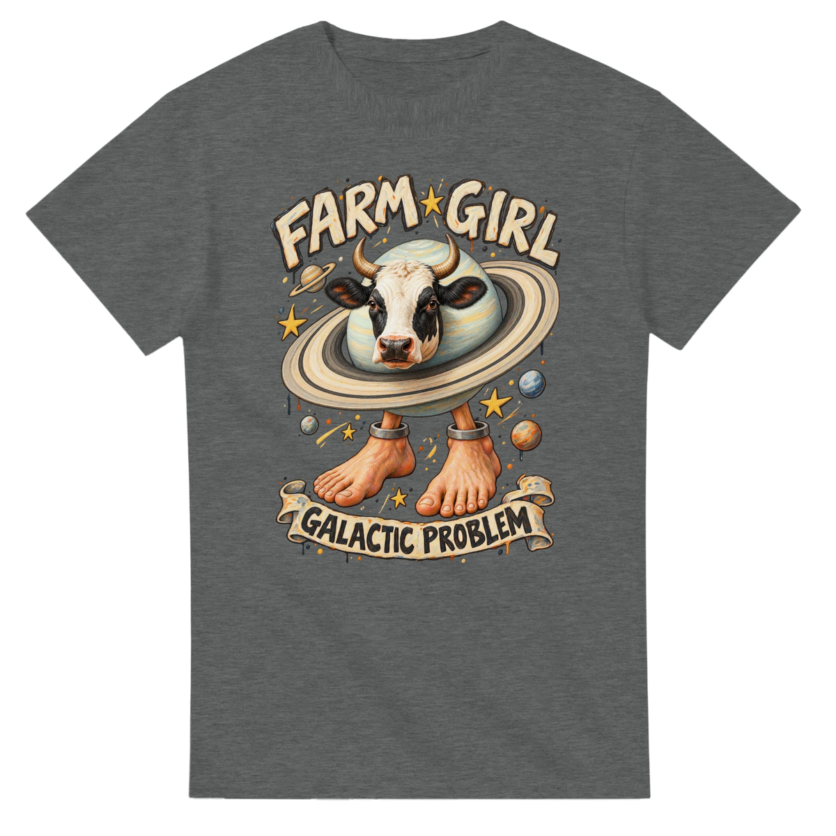 Graphite Heather t-shirt printed with La Vaca Saturno Saturnita and the words Farm girl, galactic problem, front view