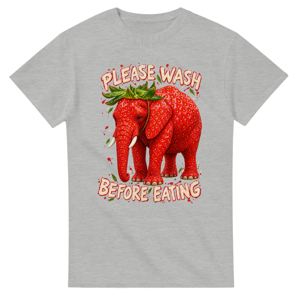 Ash t-shirt printed with Strawberry Elephant and the words Please wash before eating, front view