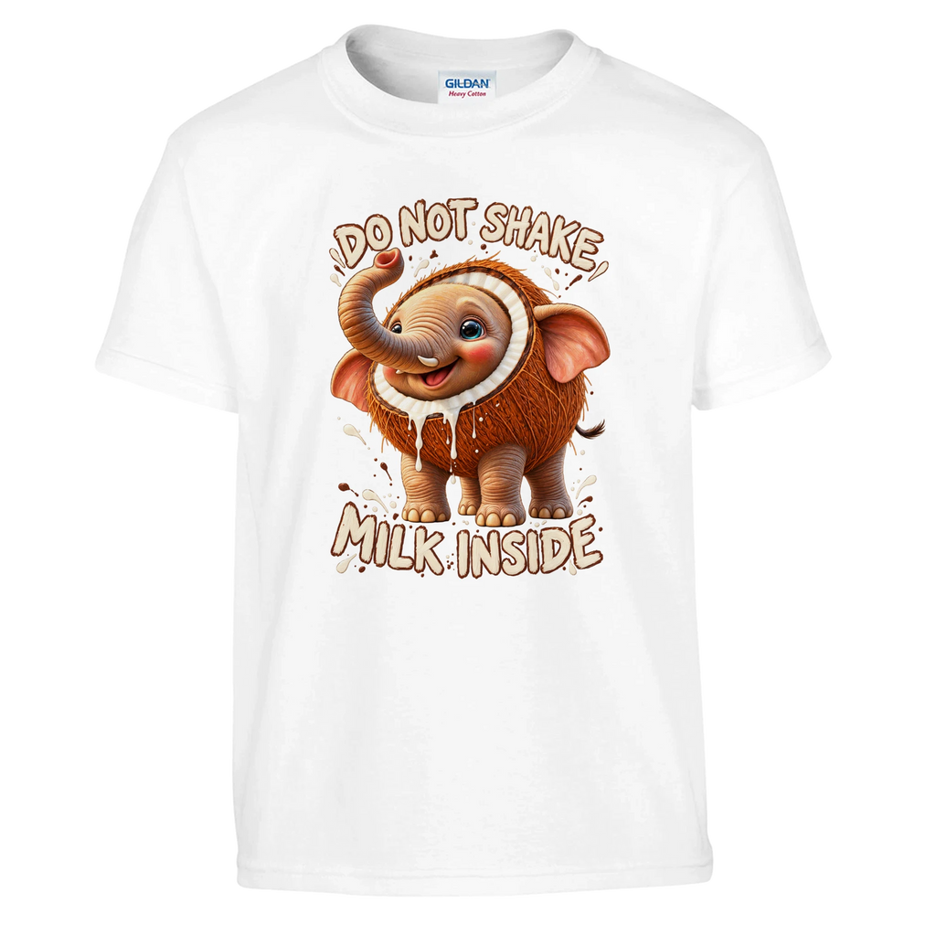 Cocofanto Elefanto print on a white kids t-shirt, front view