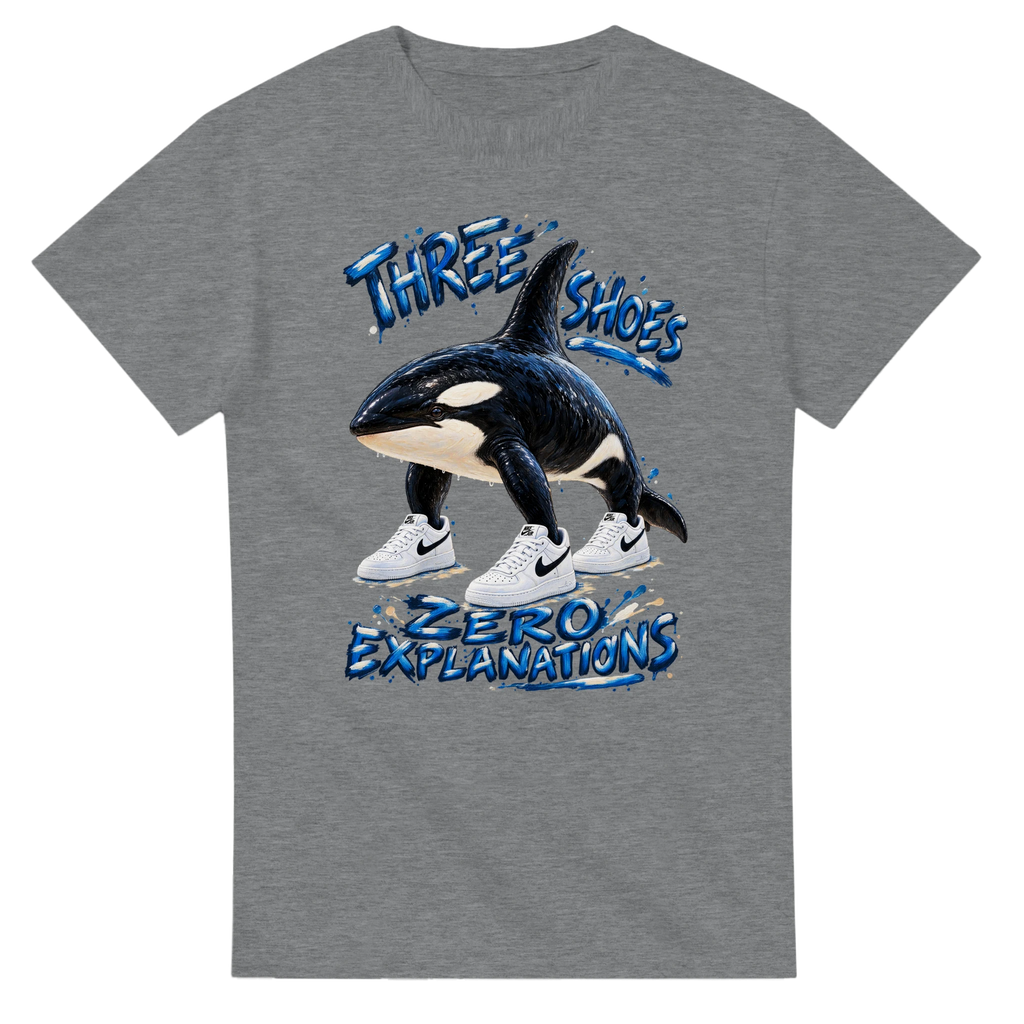 Sport Grey t-shirt printed with Orcalero Orcala and the words Three shoes, zero explanations, front view