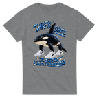 Sport Grey t-shirt printed with Orcalero Orcala and the words Three shoes, zero explanations, front view