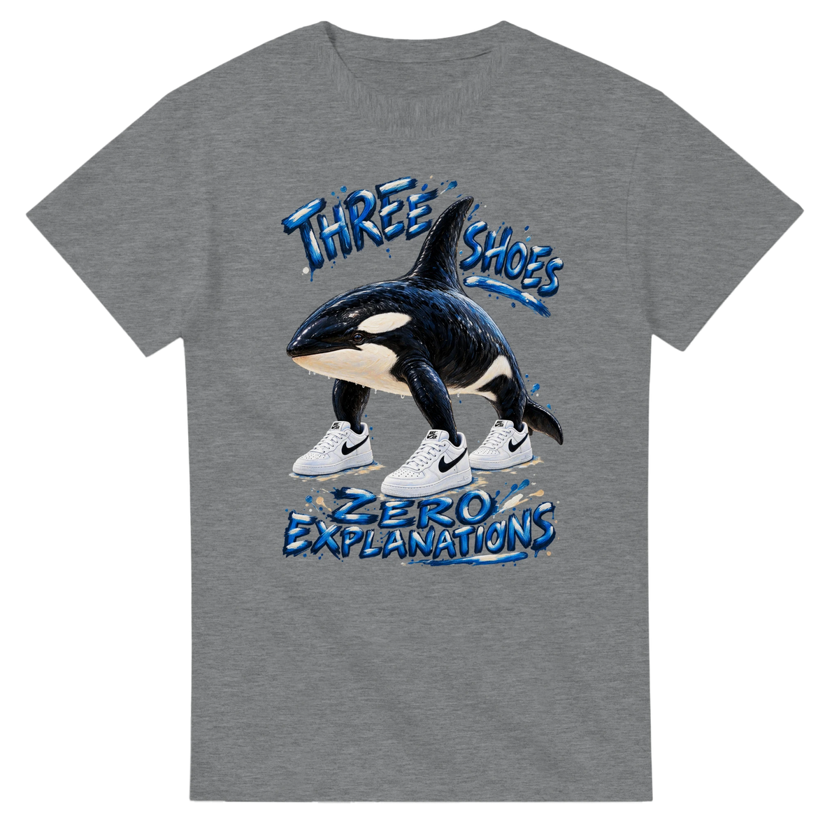 Sport Grey t-shirt printed with Orcalero Orcala and the words Three shoes, zero explanations, front view