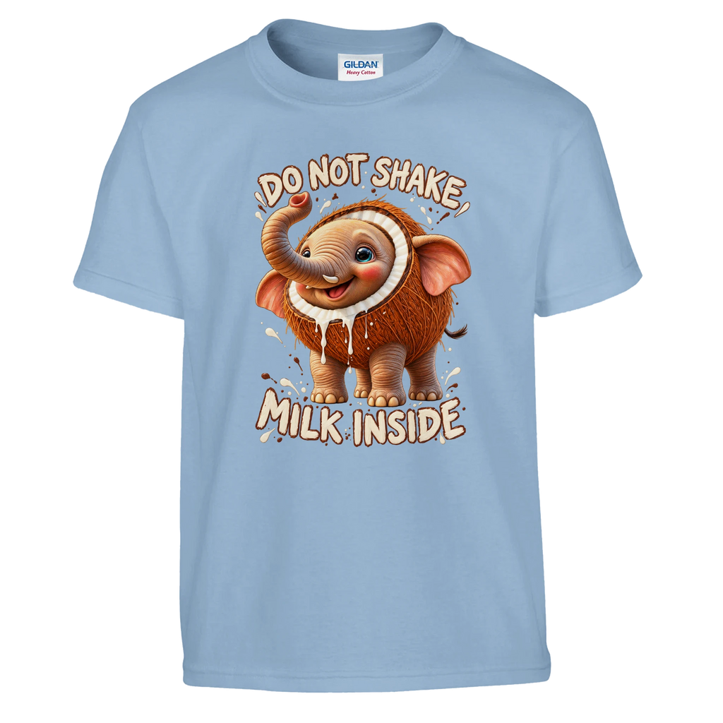 Cocofanto Elefanto print on a light blue kids t-shirt, front view