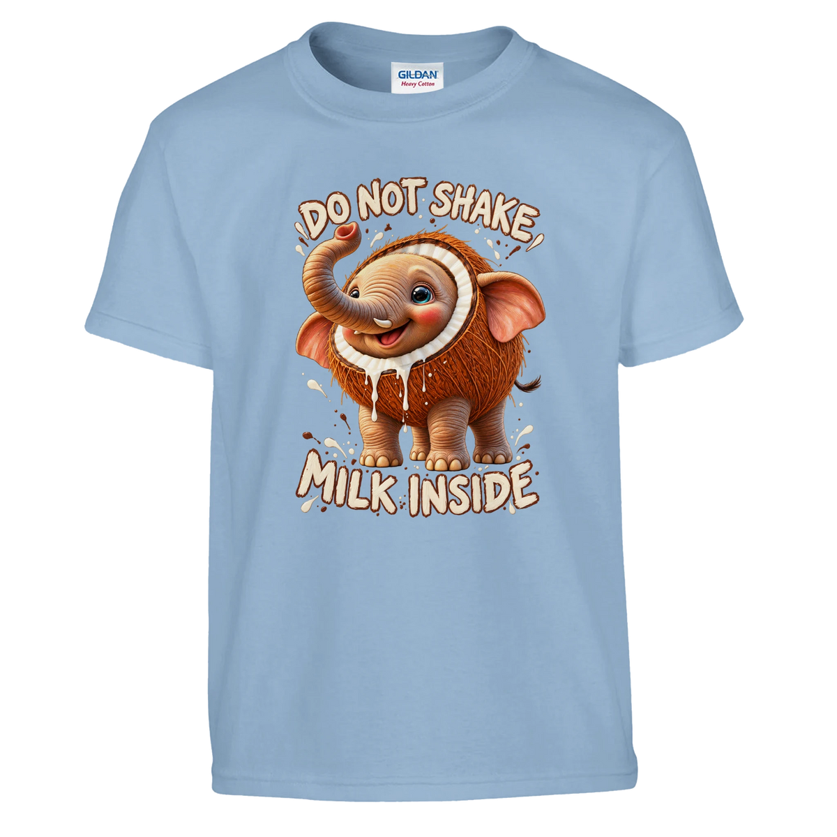 Cocofanto Elefanto print on a light blue kids t-shirt, front view