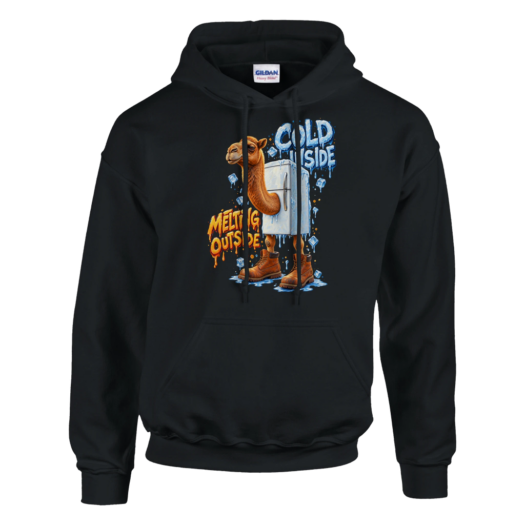 Frigo Camelo print on a black pullover hoodie, front view