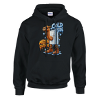 Frigo Camelo print on a black pullover hoodie, front view