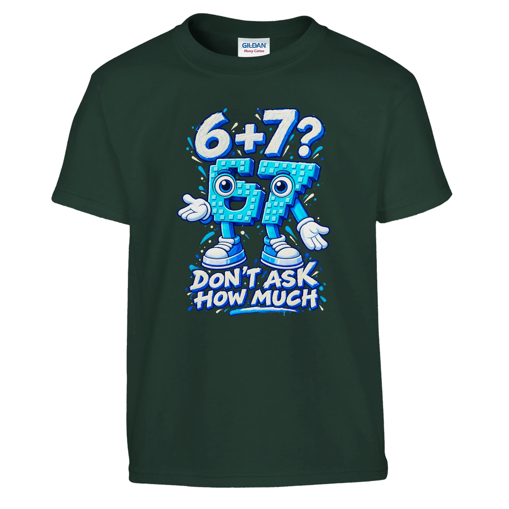 67 print on a forest green kids t-shirt, front view
