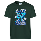 67 print on a forest green kids t-shirt, front view