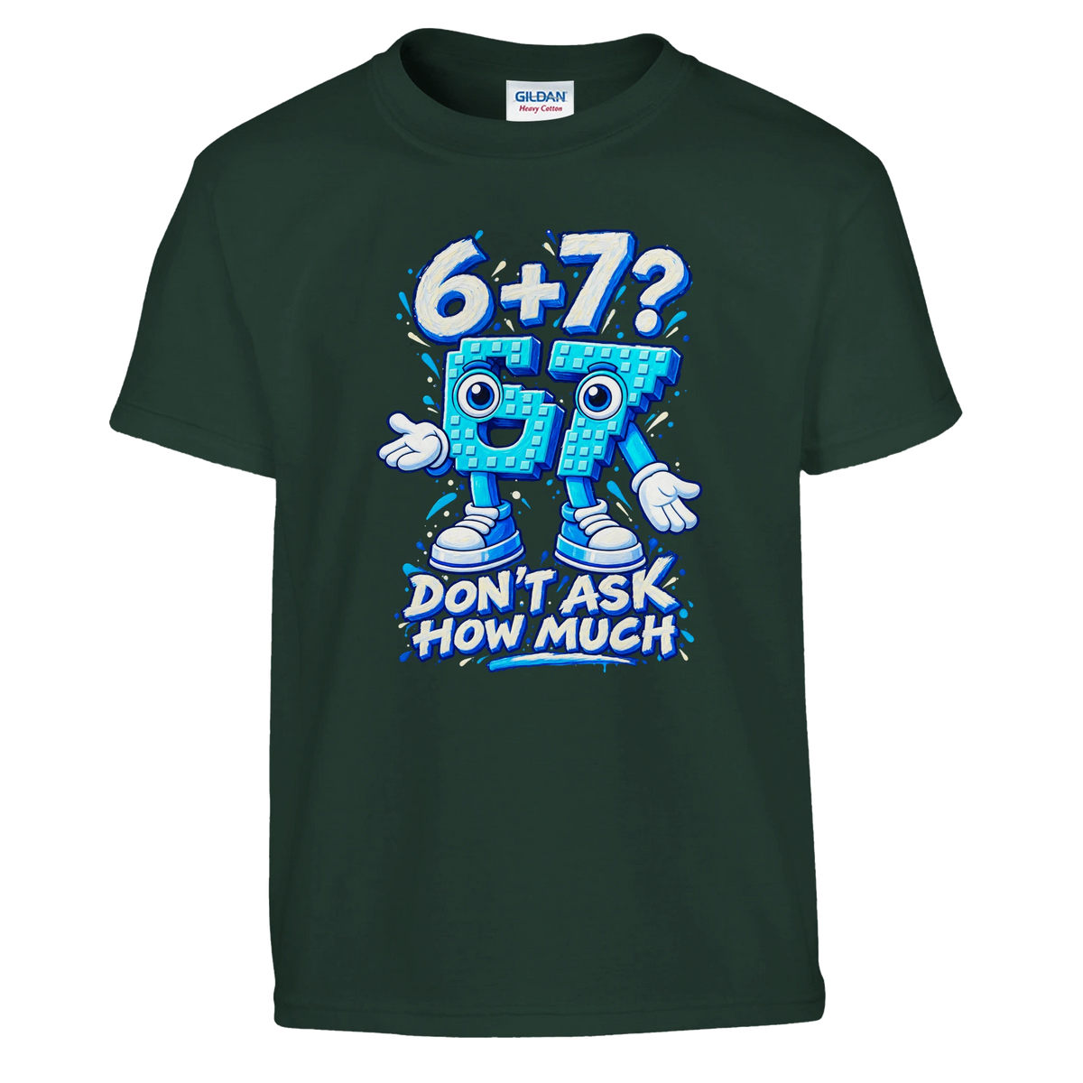 67 print on a forest green kids t-shirt, front view