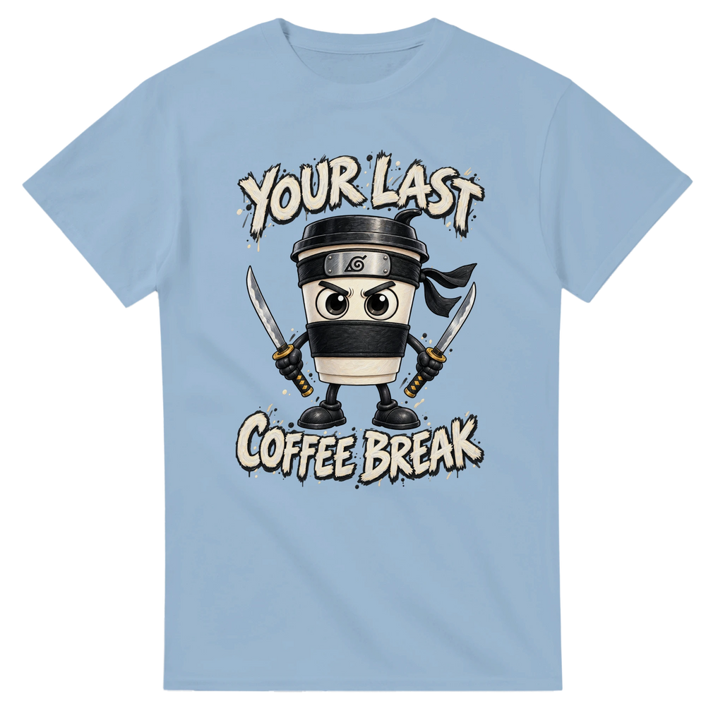 Light Blue t-shirt printed with Cappuccino Assassino and the words Your last coffee break, front view