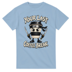 Light Blue t-shirt printed with Cappuccino Assassino and the words Your last coffee break, front view