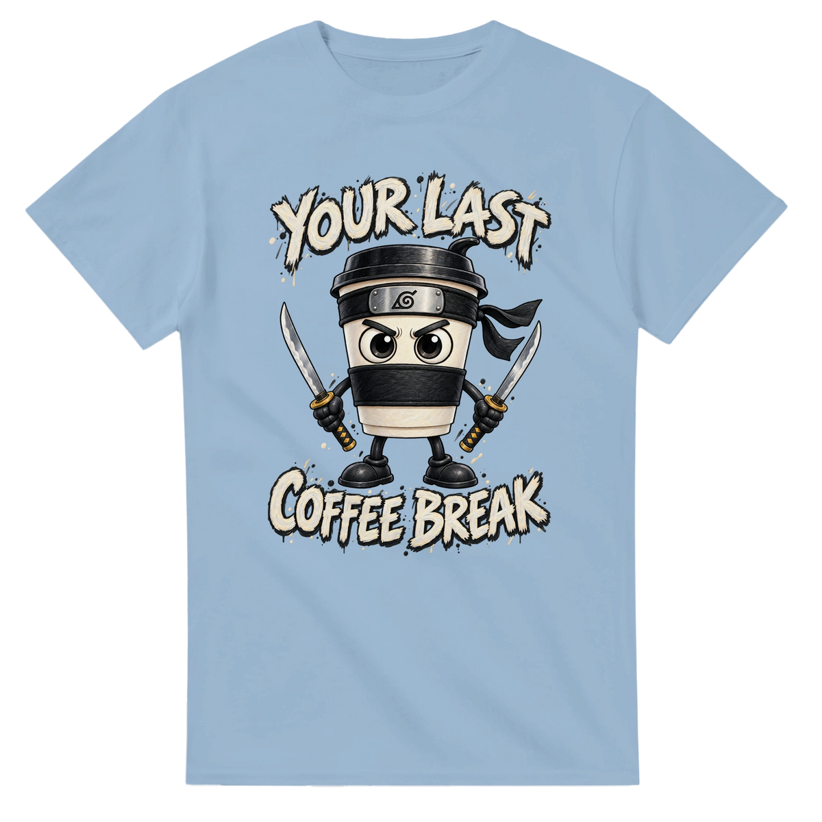 Light Blue t-shirt printed with Cappuccino Assassino and the words Your last coffee break, front view