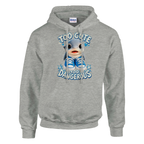 Los Tralaleritos print on an ash grey pullover hoodie, front view