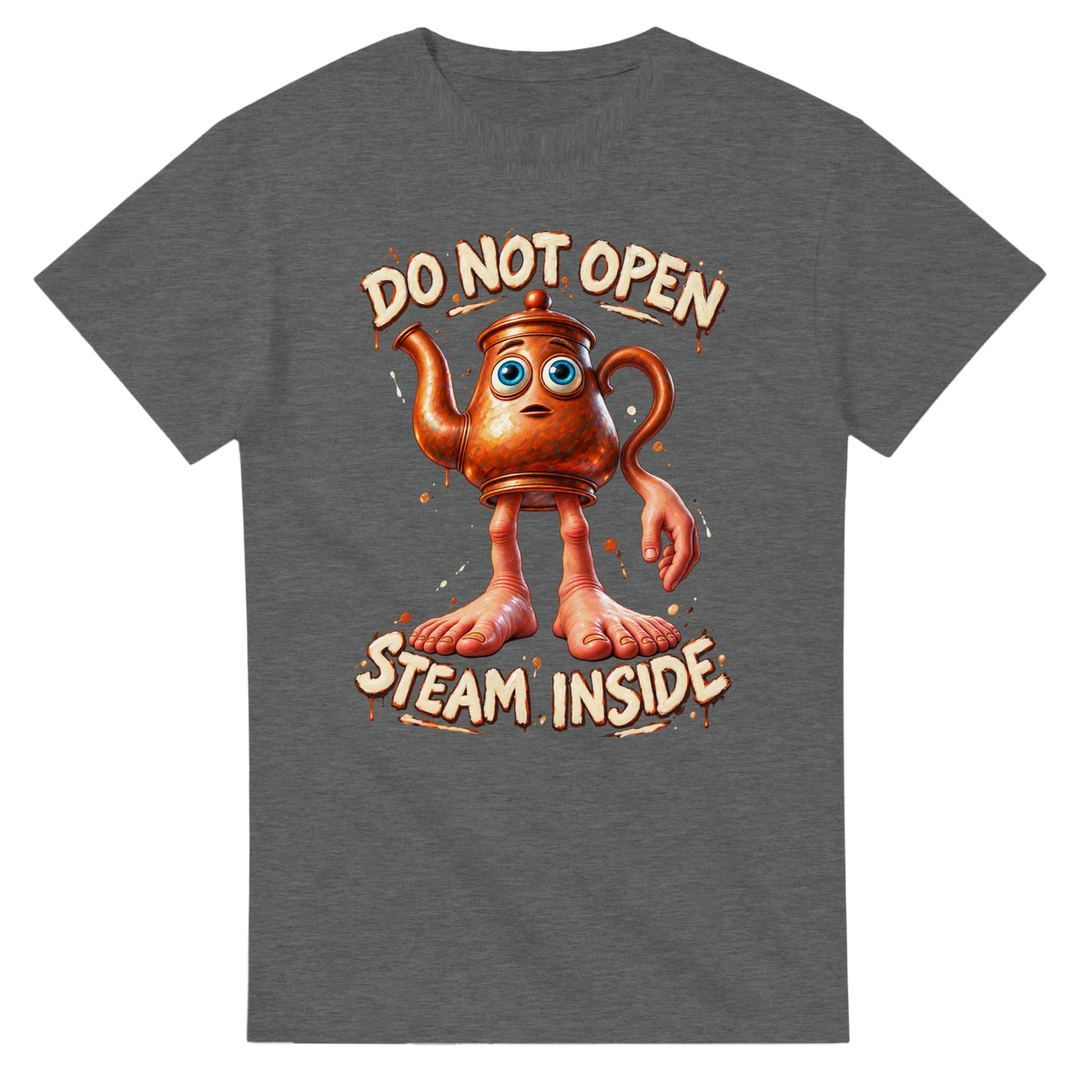 Graphite Heather t-shirt printed with Ta Ta Ta Sahur and the words Do not open, steam inside, front view