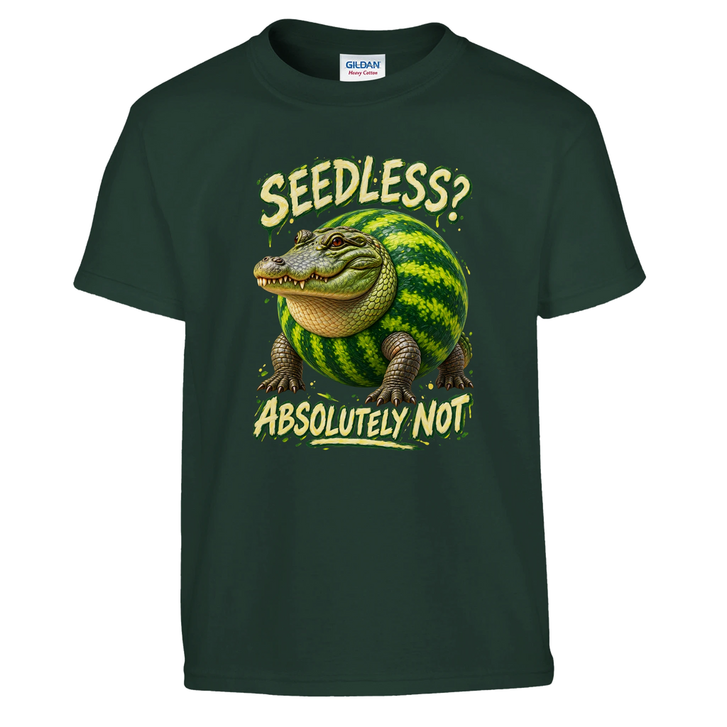 Glorbo Fruttodrillo print on a forest green kids t-shirt, front view