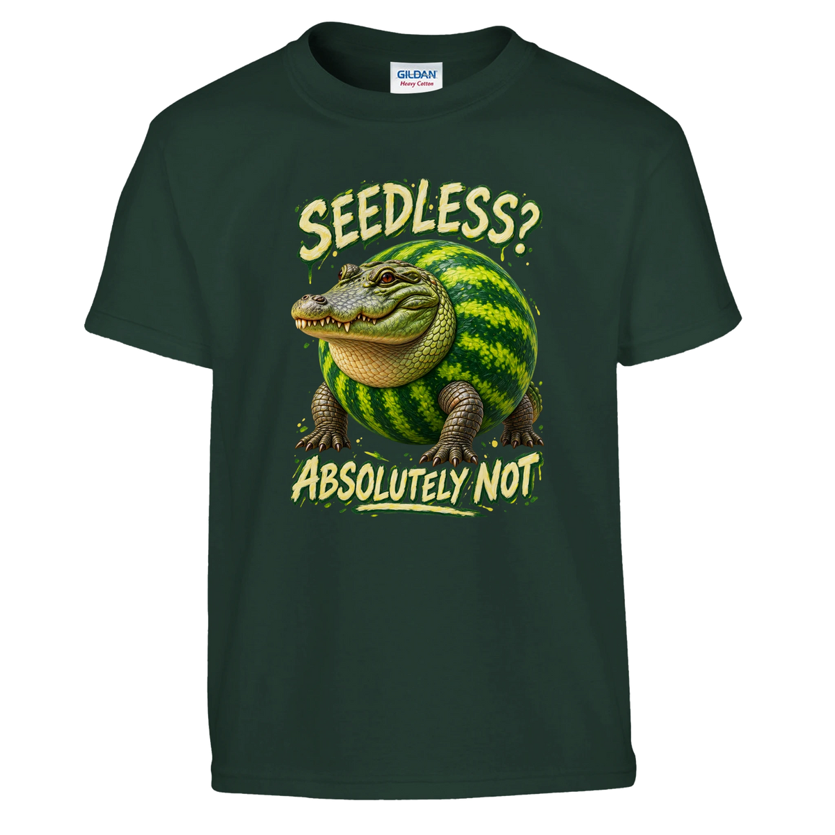 Glorbo Fruttodrillo print on a forest green kids t-shirt, front view