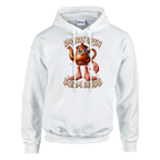 Ta Ta Ta Sahur print on a white pullover hoodie, front view