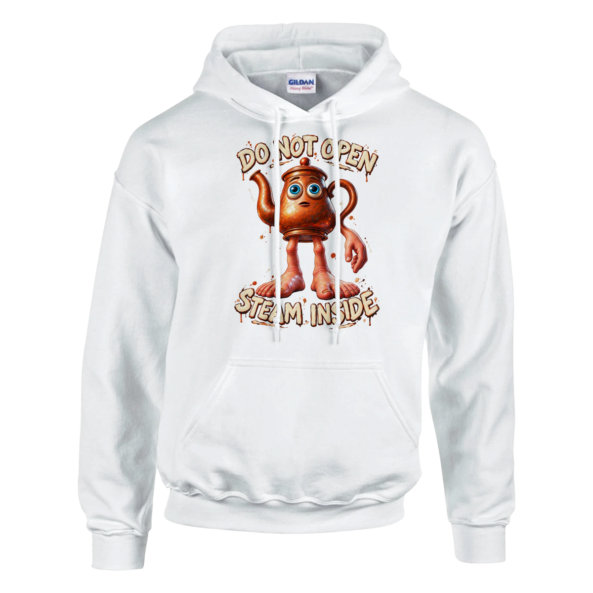 Ta Ta Ta Sahur print on a white pullover hoodie, front view