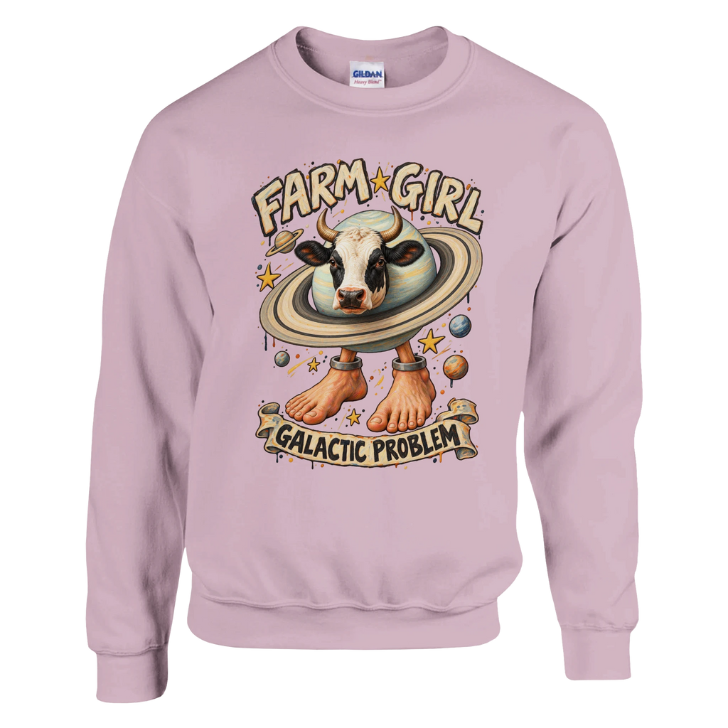La Vaca Saturno Saturnita print on a light pink crewneck sweatshirt, front view
