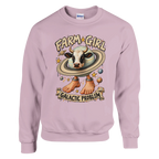 La Vaca Saturno Saturnita print on a light pink crewneck sweatshirt, front view