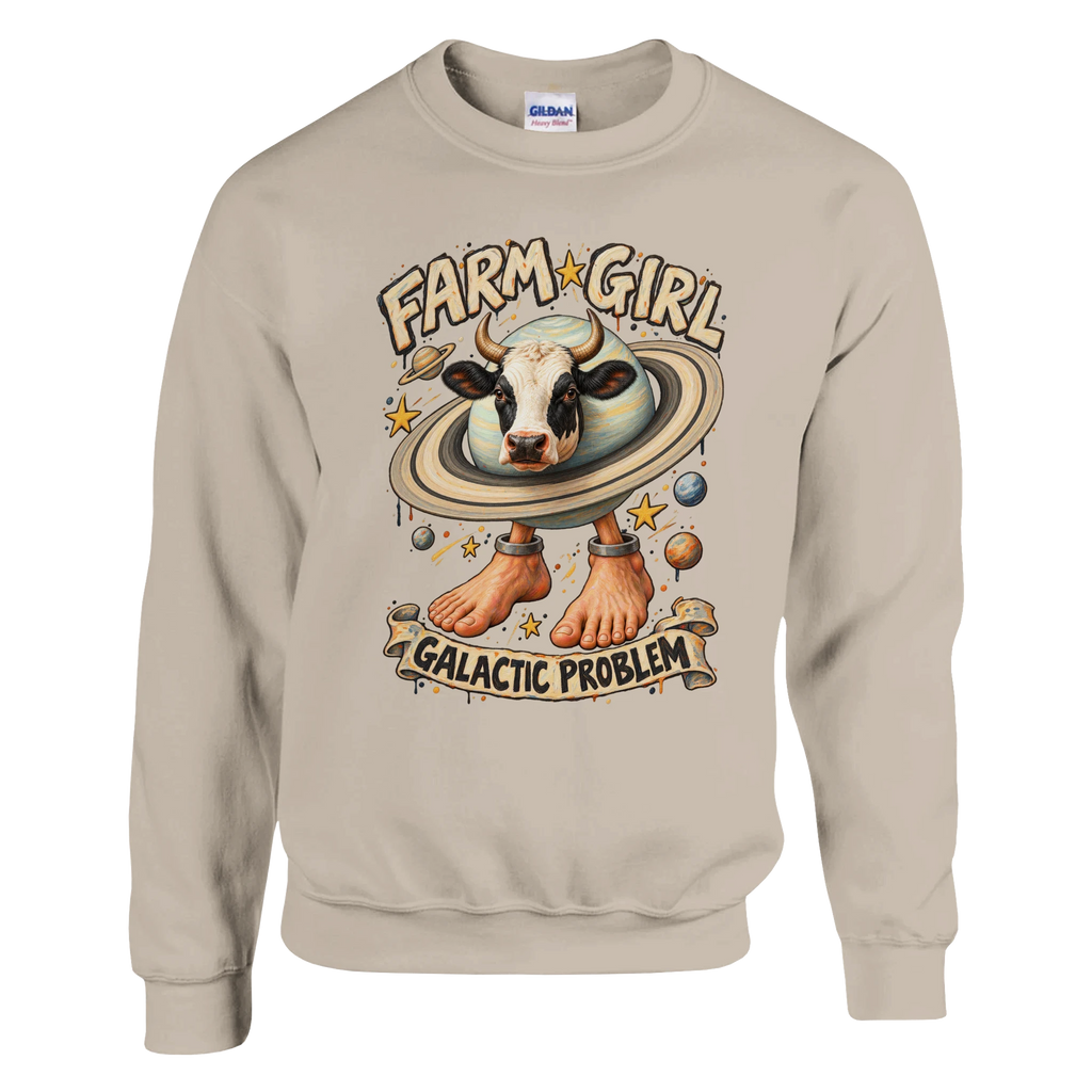 La Vaca Saturno Saturnita print on a sand crewneck sweatshirt, front view