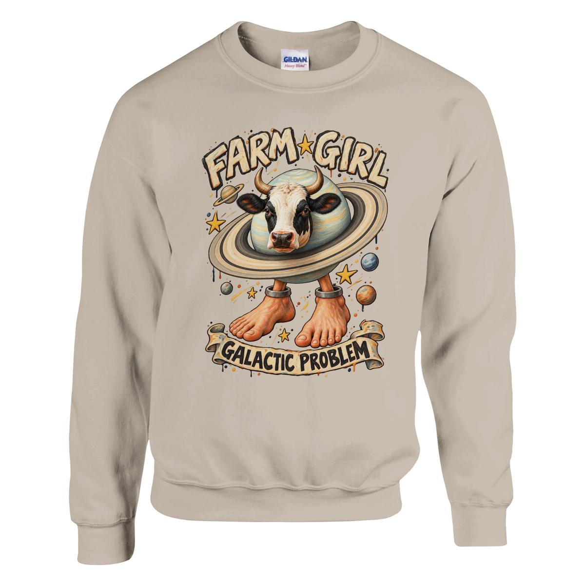 La Vaca Saturno Saturnita print on a sand crewneck sweatshirt, front view