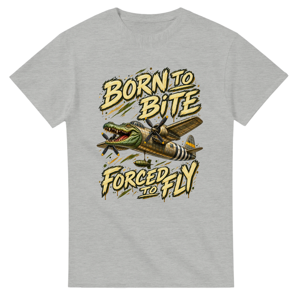 Ash t-shirt printed with Bombardino Crocodilo and the words Born to bite, forced to fly, front view