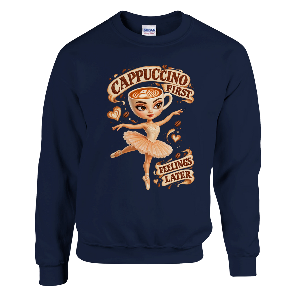 Ballerina Cappuccina print on a navy crewneck sweatshirt, front view