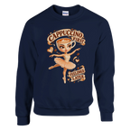 Ballerina Cappuccina print on a navy crewneck sweatshirt, front view